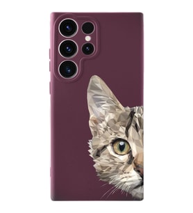 Samsung Galaxy S23 Ultra Uyumlu Lansman Kılıf Catface Tasarımlı İçi Kadife Kapak-Mürdüm (Şeffaf)