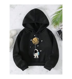 Unisex Astronot Baskılı Büzgülü Termal Astarlı Kapüşonlu Oversize 2 iplik (Siyah)