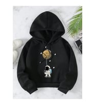 Unisex Astronot Baskılı Büzgülü Termal Astarlı Kapüşonlu Oversize 2 iplik (Siyah)