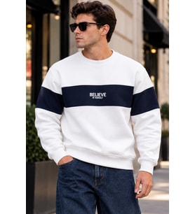 Erkek Şerit Detaylı Believe Baskılı 3 İplik Şardonlu Bisiklet Yaka Sweatshirt