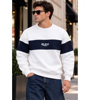 Erkek Şerit Detaylı Believe Baskılı 3 İplik Şardonlu Bisiklet Yaka Sweatshirt
