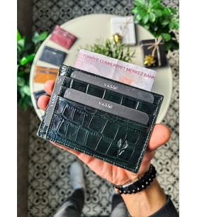 VİSSO 606 Hakiki Deri İnce Sade Mini Kredi Kartlık Model Kadın Erkek Kullanım İsme Kişiye Özel Kağıt Para Bölmeli Kartlık Cüzdan Portföy Çanta YEŞİL CROCO