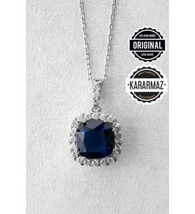 Jewelmim Mavi Taşlı Gümüş Prenses Kolye Beyaz Altın Kaplama Kare Taşlı Kolye 925 Ayar Kadın Gümüş Kolye (Beyaz)
