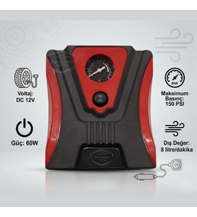 Taşınabilir Oto Hava Kompresörü Araç Hava Pompası 12V Mini Lastik Bot Şişirme Çakmaklıklı 150PSİ 60W