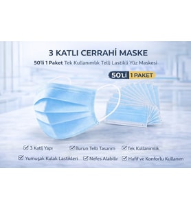 3 Katlı Cerrahi Maske 50'Li 1 Paket Tek Kullanımlık Telli Lastikli Yüz Maskesi