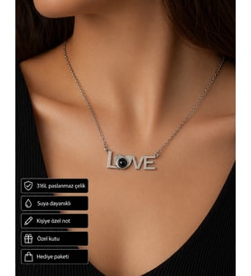 LOVE Yazılı Siyah Taş Detaylı Paslanmaz Çelik Kolye Hediye