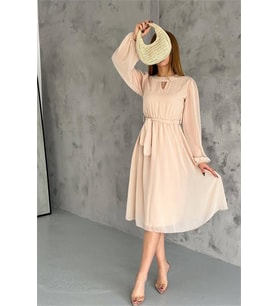 Neşeli butik kadın bej midi boy astarlı şifon elbise NBKKLF2027