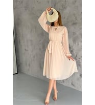 Neşeli butik kadın bej midi boy astarlı şifon elbise NBKKLF2027