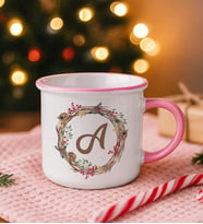 BK Gift Kişiye Özel Harfli Yılbaşı Tasarımlı Pembe Emaye Kupa Bardak, Arkadaşa Hediye, Yeni Yıl Hediyesi