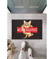 Dormot Modern Baskı - Kedili Siyah Welcome - Karşılama Kapı Önü Paspası (Bej)