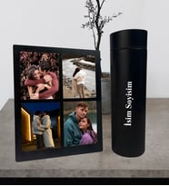Kişiye Özel Premium  Termos Bardak Ve Fotoğraflı Dört Resimli Siyah Kolaj Masaüstü Fotoğraf Siyah Çerçeve