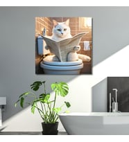Tekli Kare Kanvas Banyo Tablosu Gazete Okuyan Ankara Kedisi