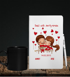 Sevgililer Gününe Özel Defter Kalem & Siyah Varil Kupa Hediye Seti 14