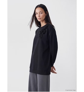 LC WAIKIKI Siyah Çiçek Aplikeli Soft Touch Kadın Sweatshirt Tunik