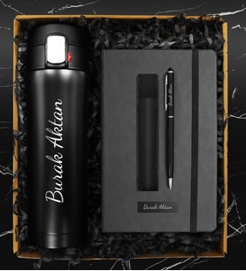 Kişiye Özel Otomatik Basmalı Çelik Termos & Kişiye Özel Defter & Kişiye Özel Kutulu Deri Kılıflı Touch Pen Kalem