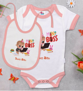BK Kids Kişiye Özel Mini Boss Tasarımlı Pembe Bebek Body Zıbın ve Mama Önlüğü Hediye Seti