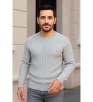 Erkek Bisiklet Yuvarlak Yaka Triko Kazak Pamuklu Kalın Fitilli Dokuma, Regular Fit Uzun Kollu Kışlık Model - Gri