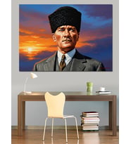 Kalpak Başlıklı Atatürk Portresi Ve Gün Batımı Dekoratif Kanvas - Mdf Ahşap Tablo