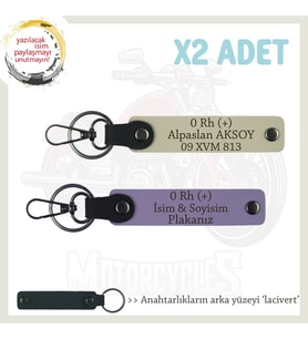 Motorcu İçin, İsim Plaka ve 0 Rh (+) Kan Grubu Yazılı Hediye x2' li Anahtarlıklar, Mor-S Kahve-Laci (Çok Renkli)