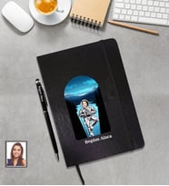 Kişiye Özel Uzay Karikatürlü Siyah Defter Touchpen Kalem Hediye Seti Bayan-3