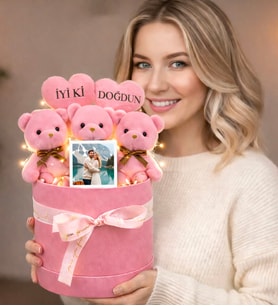 Kişiye Özel Fotoğraflı İyi ki Doğdun Tasarımlı Peluş Ayıcık Buketi (Pembe)