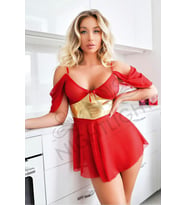 Sarı Kuşak Detaylı Fantazi Kırmızı Mini Gecelik