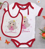 BK Kids Küçük Prenses Tasarımlı Kırmızı Bebek Body Zıbın ve Mama Önlüğü Hediye Seti-1