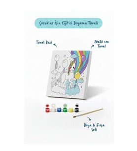 Gökkuşağı Unicorn Çocuk Boyama Tuvali – Şövalesiz Eğitici Boyama Seti 20x20 cm