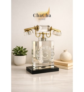 Dikey Kristal Cam Nostaljik Telefon Obje 28X23 cm - Çevirme Tuşlu Lüks Ofis Masası Aksesuarı Biblo