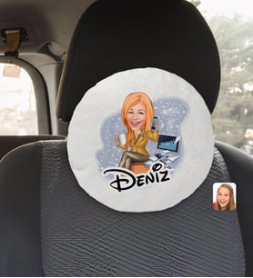 BK Gift Kişiye Özel İsimli Kadın Muhasebeci Karikatürlü Yuvarlak Araç Koltuk Yastığı-1