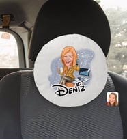 BK Gift Kişiye Özel İsimli Kadın Muhasebeci Karikatürlü Yuvarlak Araç Koltuk Yastığı-1