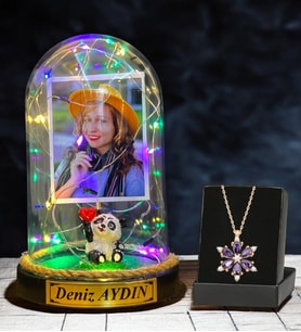 Kişiye Özel Renkli Led Işıklı Fanus ve Gerçek Ametist Taşlı Lotus Kolye (Model 8)