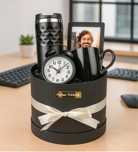 Kişiye Özel Fotoğraflı Çerçeve,Masa Saati,Fincan Ve Termos Premium Silindir Kutu Hediye Seti (STD)