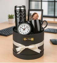 Kişiye Özel Fotoğraflı Çerçeve,Masa Saati,Fincan Ve Termos Premium Silindir Kutu Hediye Seti (STD)