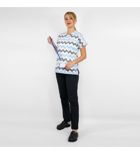 Unisex Zigzag Desenli Hemşire Doktor Hastane Cerrahi Terikoton Üniforma Takımı (Mavi)