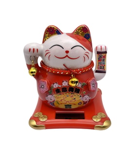 Seramik Maneki Neko Kırmızı Güneş Enerjili Şans Kedisi 12cm No.1