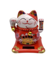 Seramik Maneki Neko Kırmızı Güneş Enerjili Şans Kedisi 12cm No.1 (Karışık)