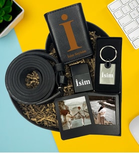 Kişiye Özel Premium Kalp Kutu Mekanizmalı Cüzdan Kemer Metal Lüx Anahtarlık Zippo Metal Çakmak İkili Siyah Mdf Masaüstü Çerçeve Hediye Set