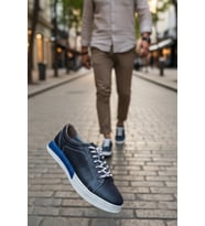 Enoch Hakiki Deri Mavi Renk Detaylı Erkek Sneaker Ortopedik Taban