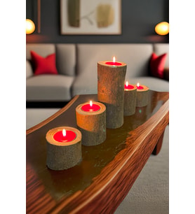 5'li Tealight Mumluk Seti, Doğal Kütük, El Yapımı Ahşap, Rustik Modern Dekor Bohem & İskandinav Tarz