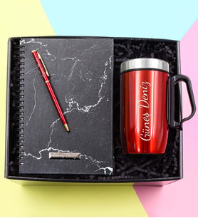 Kişiye Özel 280 ML Kulplu Kırmızı Çelik Termos & Kırmızı Tükenmez Kalem & Mermer Desenli Defter Hediye Seti
