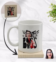 BK Gift Kişiye Özel Kadın Big Boss Karikatürlü Beyaz Kupa Bardak ve Ahşap Bardak Altlığı Hediye Seti - Model 3