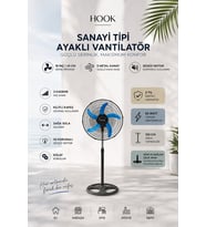 HOOK Metal Ayaklı Vantilatör 18'' İnç (45cm) 85W 5 Metal Kanatlı 3 Kademeli Güçlü