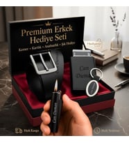 İsme Özel Premium Tasarım Erkek Hediye Seti - Mekanizmalı Otomatik Kartlık Cüzdan Kemer Clipper Çakmak Anahtarlık - Babaya Arkadaşa Eşe Sevgiliye Hediye