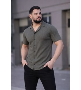 Erkek Waffle Kumaş Kısa Kollu Düğmeli Açık Yaka Regular Fit Gömlek - Haki