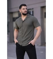 Erkek Waffle Kumaş Kısa Kollu Düğmeli Açık Yaka Regular Fit Gömlek - Haki