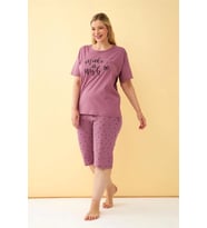 Kadın Mürdüm “Make a Wish” Yazılı Büyük Beden Kapri Pijama Takımı