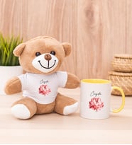 Kişiye Özel Pembe Çiçekli İsme Özel Peluş Ayı ve Sarı Kupa