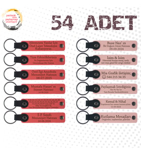 N Çiçeği & Y Ağzı, 54’lü Set, İsim ve Mesajlı Deri Anahtarlık, Kafe Müşterilerine Teşekkür Armağanı