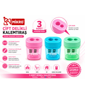 Mikro Çift Delikli Kalemtıraş 3 Adet Hazneli Standart ve Jumbo Kalem Uyumlu MK-1011